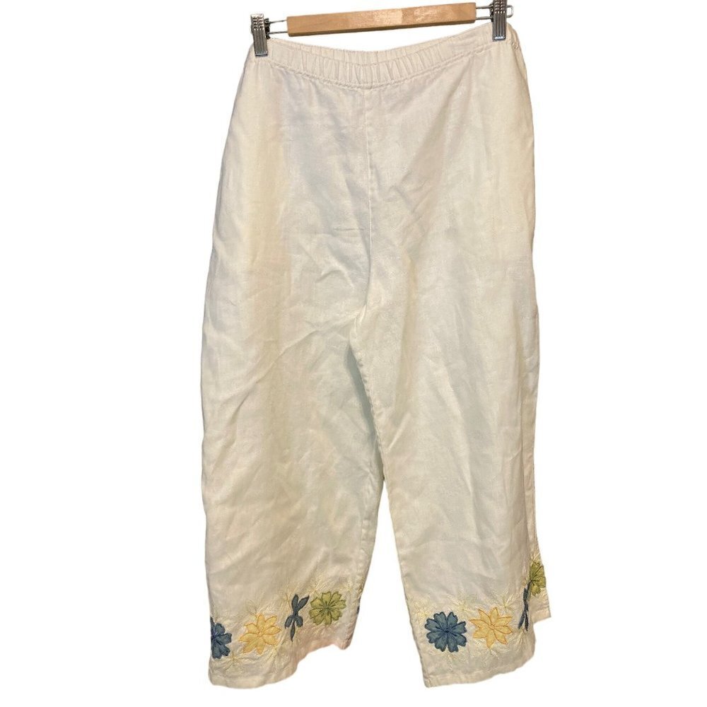 Womens Wildroot Linen Cream Medium Pant Embroidered Applique Elastic Waist PKTS